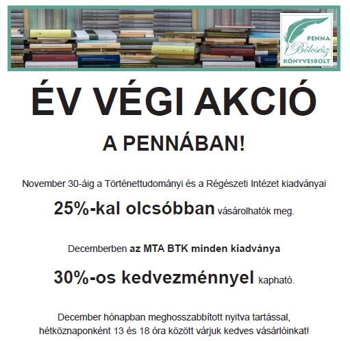 Intézetünk kiadványai kedvezménnyel vásárolhatóak meg novemberben a Penna Bölcsész Könyvesboltban