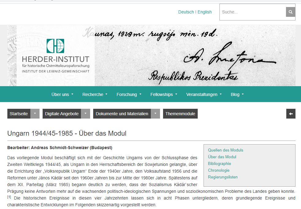 Andreas Schmidt-Schweizer által összeállított forrásgyűjtemények a Herder Intézet honlapján